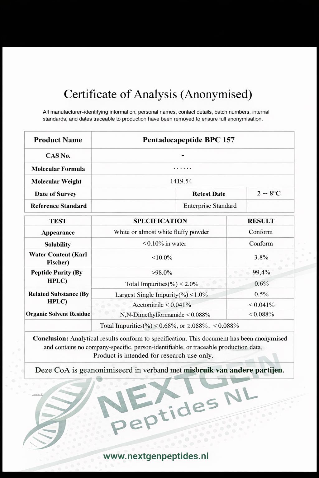 BPC 157 certificaat van analyse (COA) via HPLC