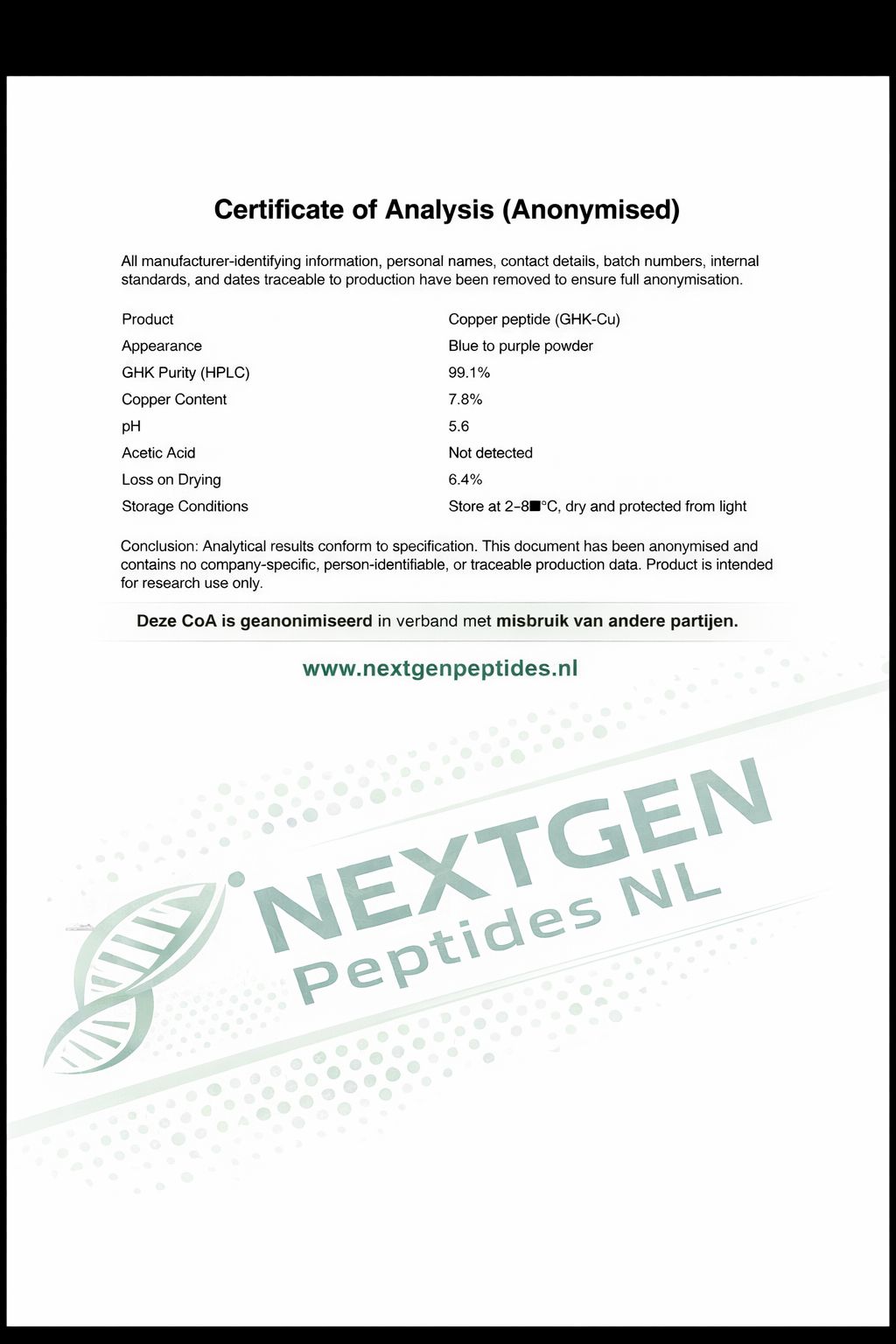 GHK-Cu certificaat van analyse (COA) via HPLC