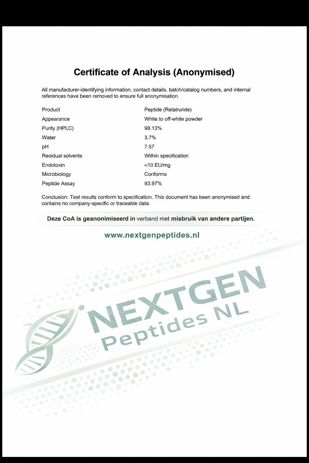 Retatrutide certificaat van analyse (COA) - zuiverheid via HPLC